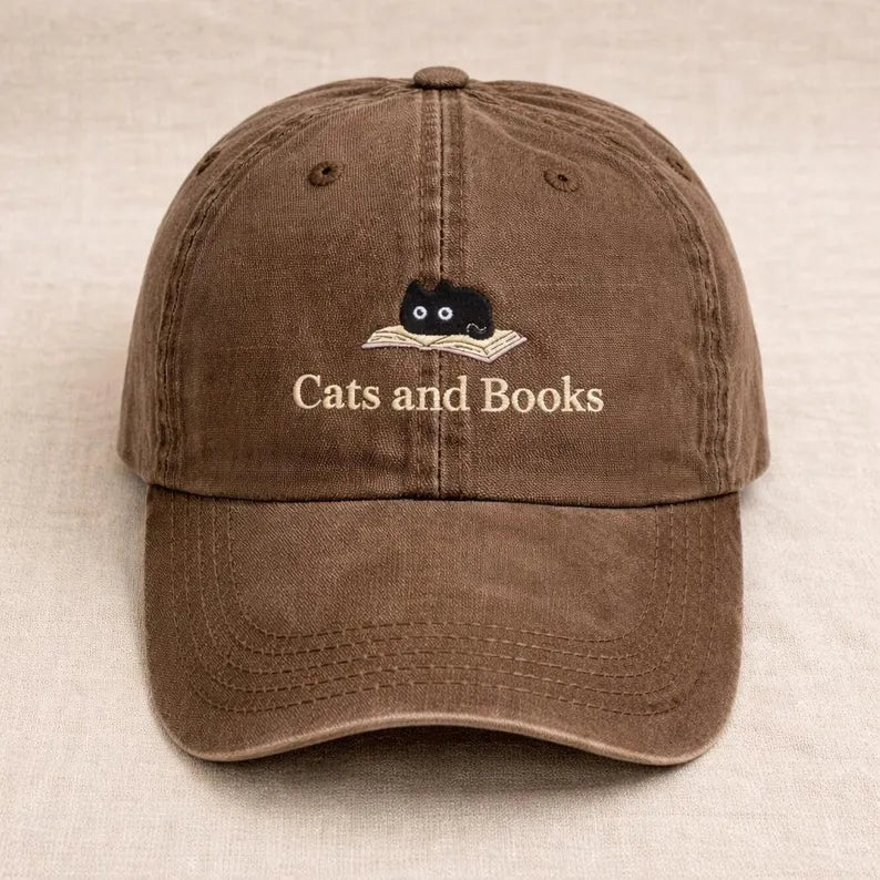 Cats and Books Embroidered Hat - Vintage Dad Cap & Cute Book Lover Gift Reading Baseball Hat