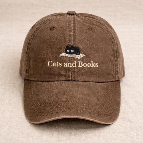 Cats and Books Embroidered Hat - Vintage Dad Cap & Cute Book Lover Gift Reading Baseball Hat