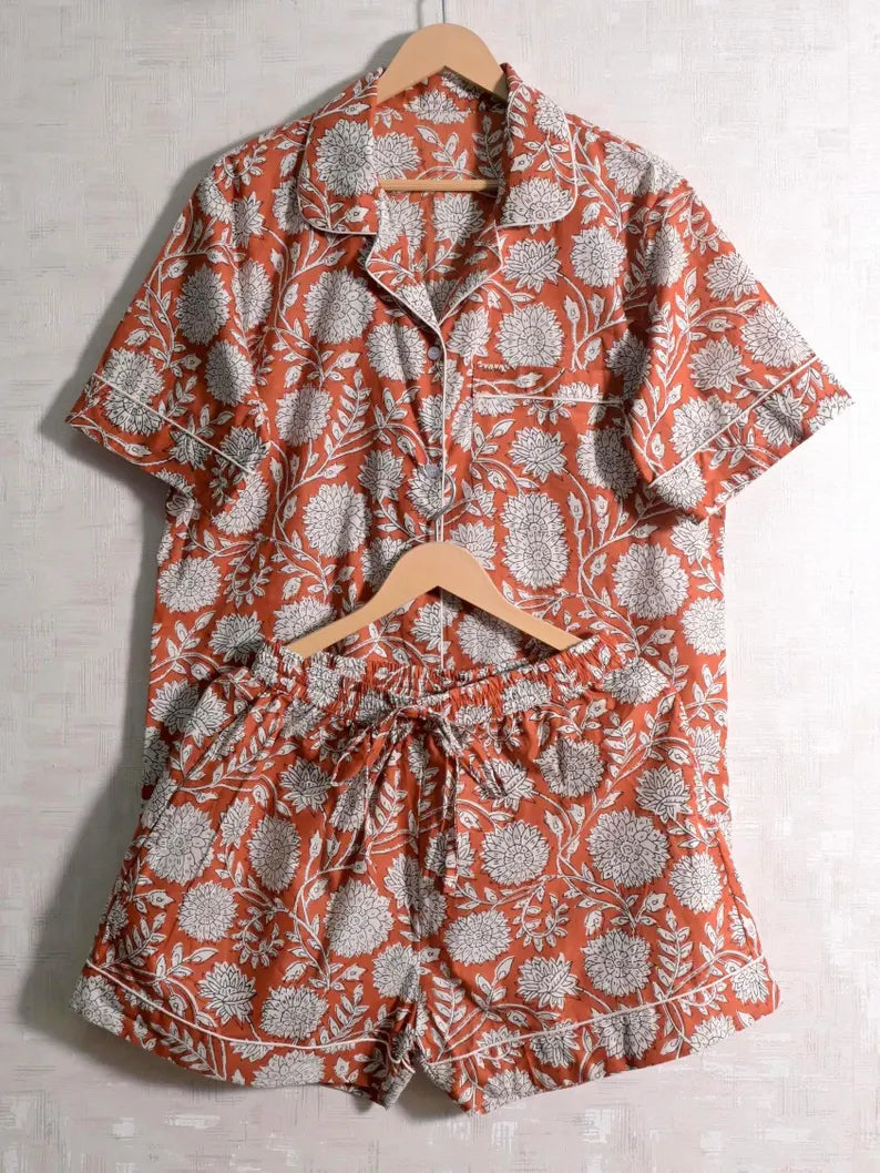 Cotton Block Print Short Pajama Set - Women Summer Casual Pajamas & Soft Breathable Sleepwear