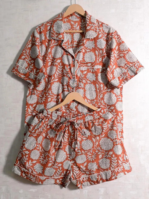 Cotton Block Print Short Pajama Set - Women Summer Casual Pajamas & Soft Breathable Sleepwear