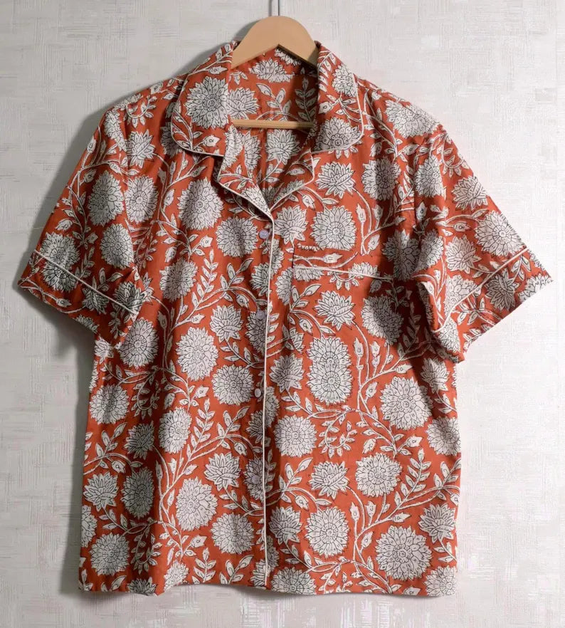 Cotton Block Print Short Pajama Set - Women Summer Casual Pajamas & Soft Breathable Sleepwear