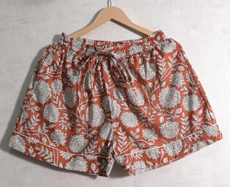 Cotton Block Print Short Pajama Set - Women Summer Casual Pajamas & Soft Breathable Sleepwear