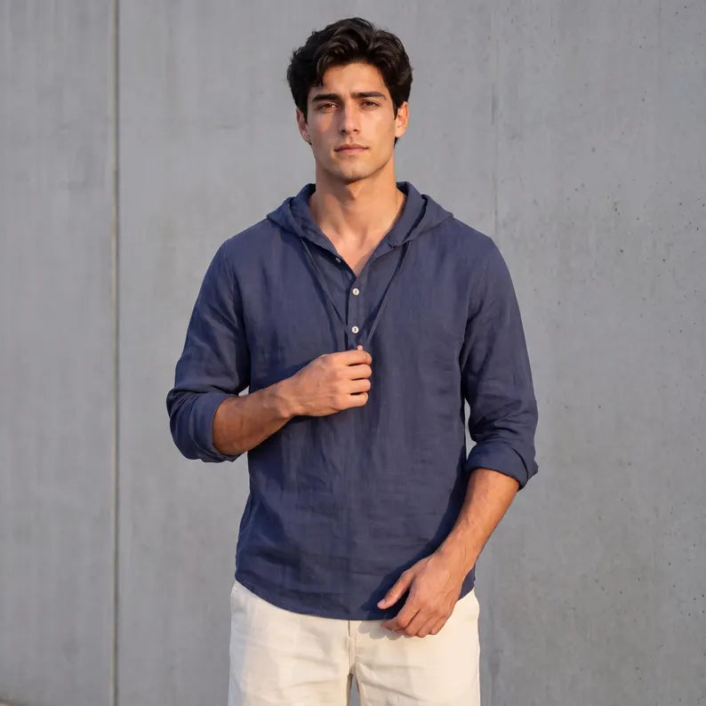 Men Casual Linen Blend Hoodie - Loose Fit Long Sleeve Pullover & Breathable Beach Summer Sweatshirt