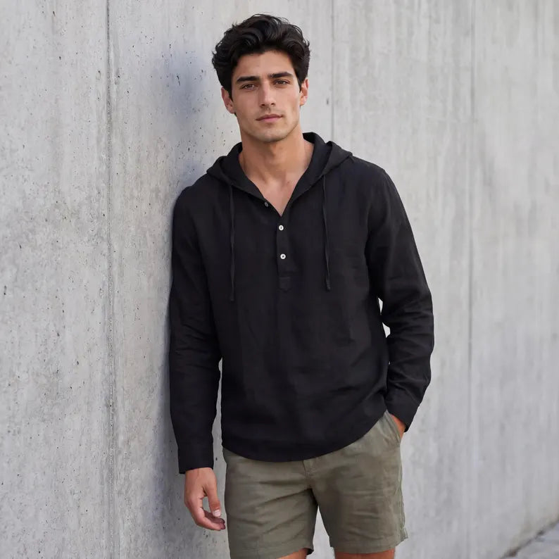 Men Casual Linen Blend Hoodie - Loose Fit Long Sleeve Pullover & Breathable Beach Summer Sweatshirt