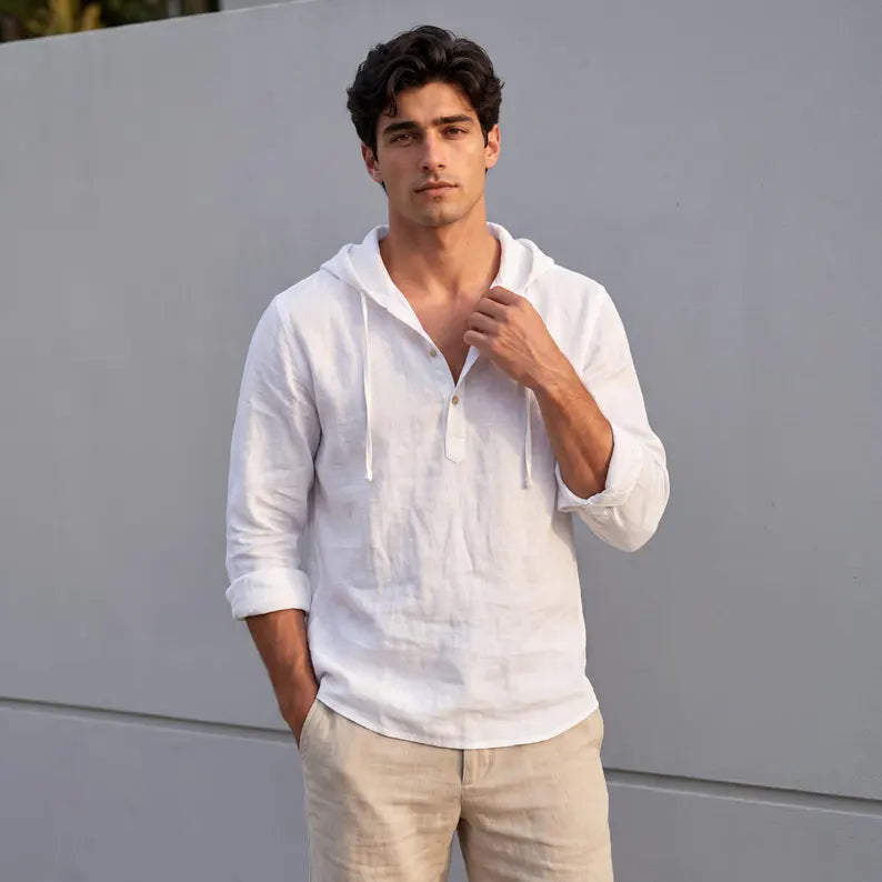Men Casual Linen Blend Hoodie - Loose Fit Long Sleeve Pullover & Breathable Beach Summer Sweatshirt