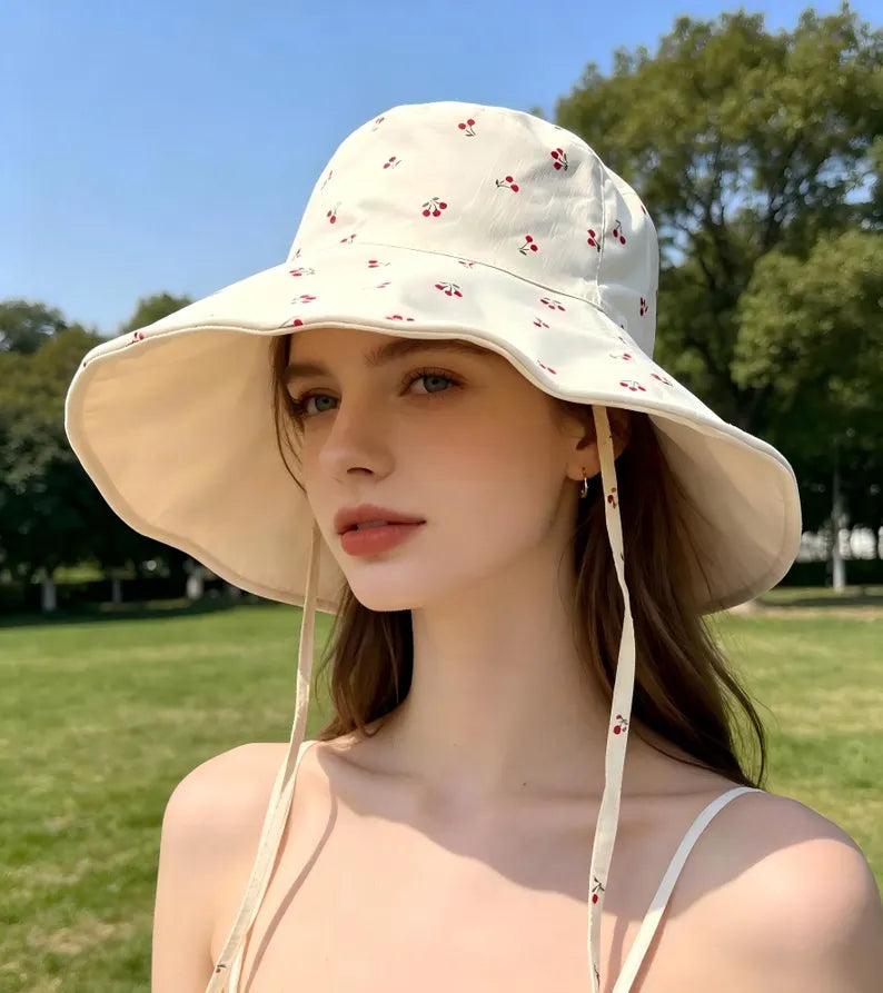 Cherry Print Bucket Hat - Reversible Sun Hat & Cute Wide Brim Beach Summer Cap