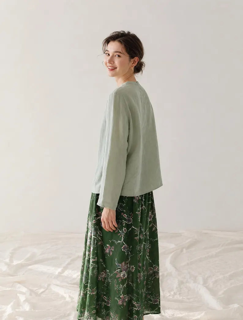 Linen Oversized Blouse - Long Sleeve Crew Neck Top & Breathable Loose Fit Linen Shirt