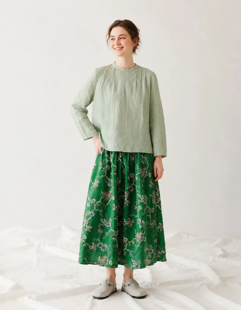 Linen Oversized Blouse - Long Sleeve Crew Neck Top & Breathable Loose Fit Linen Shirt