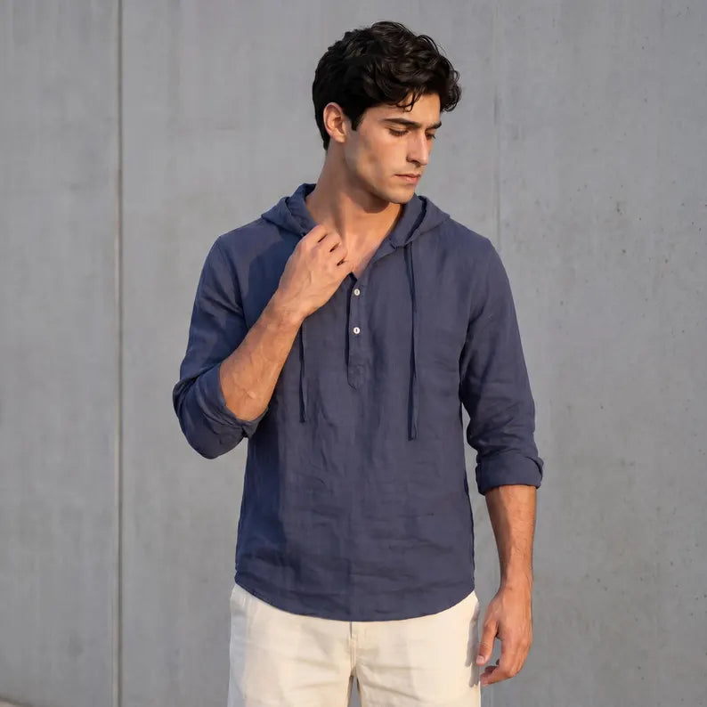 Men Casual Linen Blend Hoodie - Loose Fit Long Sleeve Pullover & Breathable Beach Summer Sweatshirt