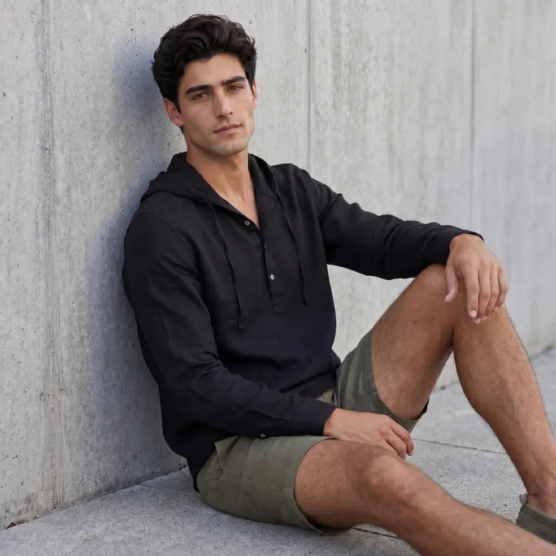 Men Casual Linen Blend Hoodie - Loose Fit Long Sleeve Pullover & Breathable Beach Summer Sweatshirt