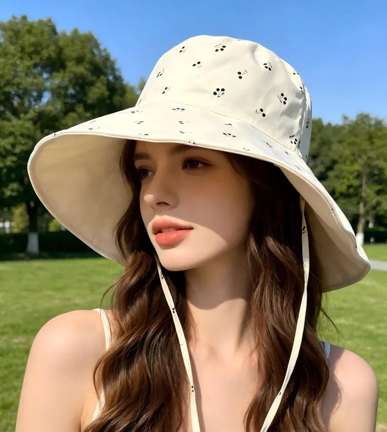 Cherry Print Bucket Hat - Reversible Sun Hat & Cute Wide Brim Beach Summer Cap