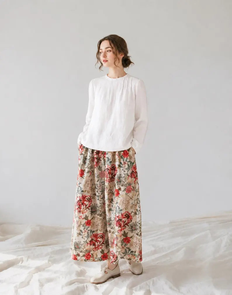 Linen Oversized Blouse - Long Sleeve Crew Neck Top & Breathable Loose Fit Linen Shirt