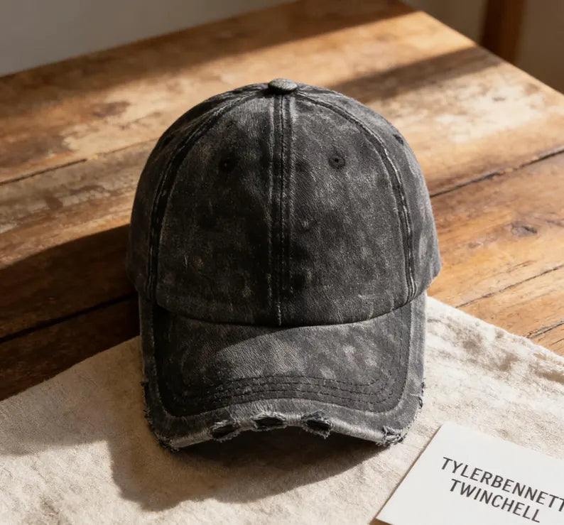 Vintage Distressed Denim Baseball Cap - Adjustable Dad Hat & Retro Washed Jean Sun Snapback