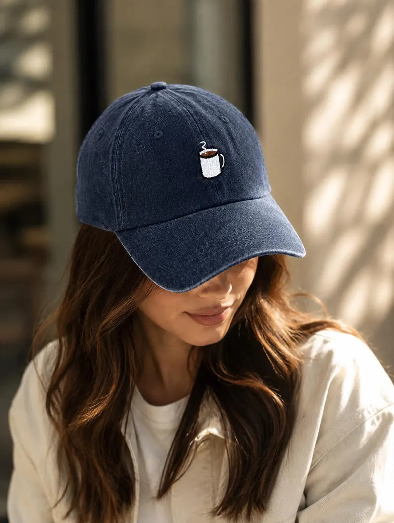 Coffee Mug Baseball Cap - Vintage Washed Cotton Dad Hat & Embroidered Coffee Lover Hat