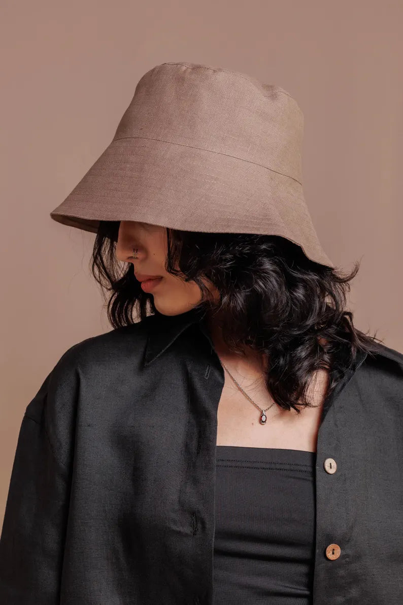 Taupe Linen Sun Hat for Women - Handmade Summer Panama & Breathable Beach Linen Bucket Hat