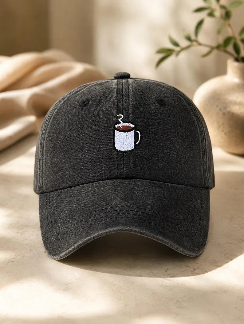 Coffee Mug Baseball Cap - Vintage Washed Cotton Dad Hat & Embroidered Coffee Lover Hat