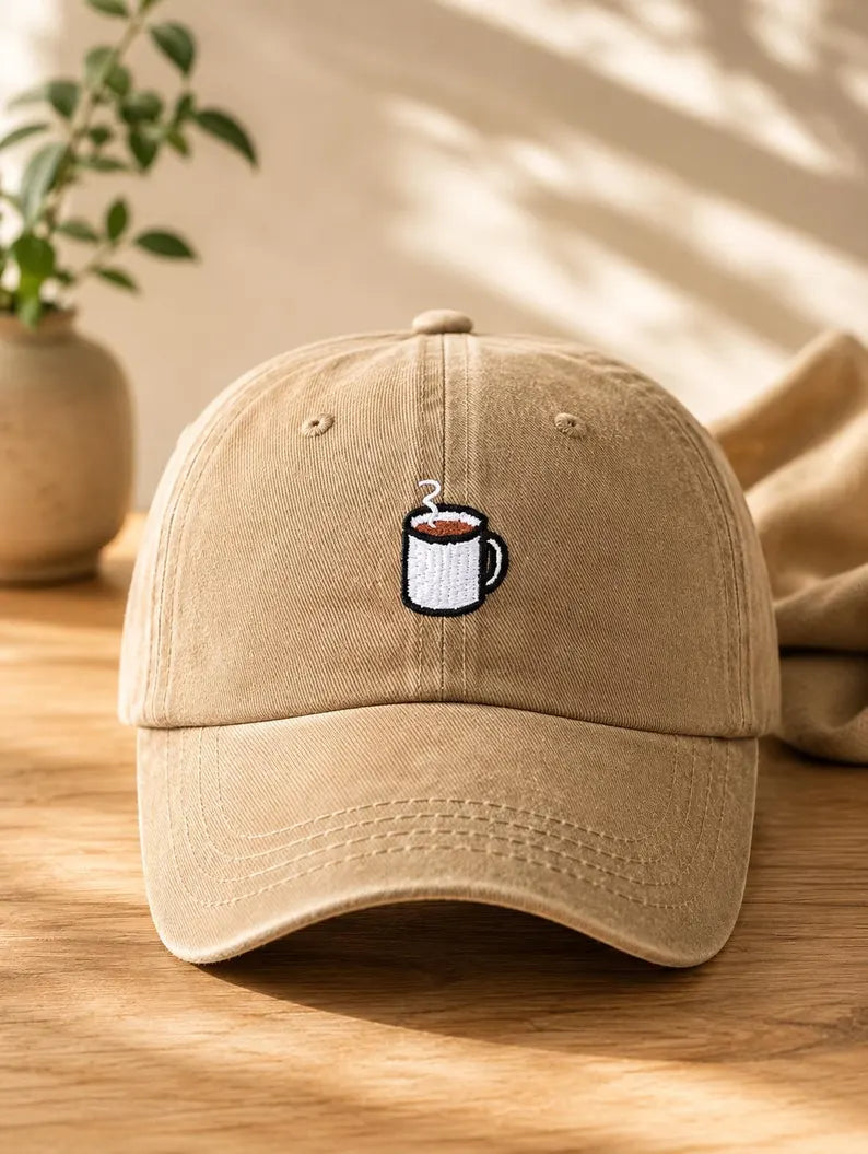 Coffee Mug Baseball Cap - Vintage Washed Cotton Dad Hat & Embroidered Coffee Lover Hat