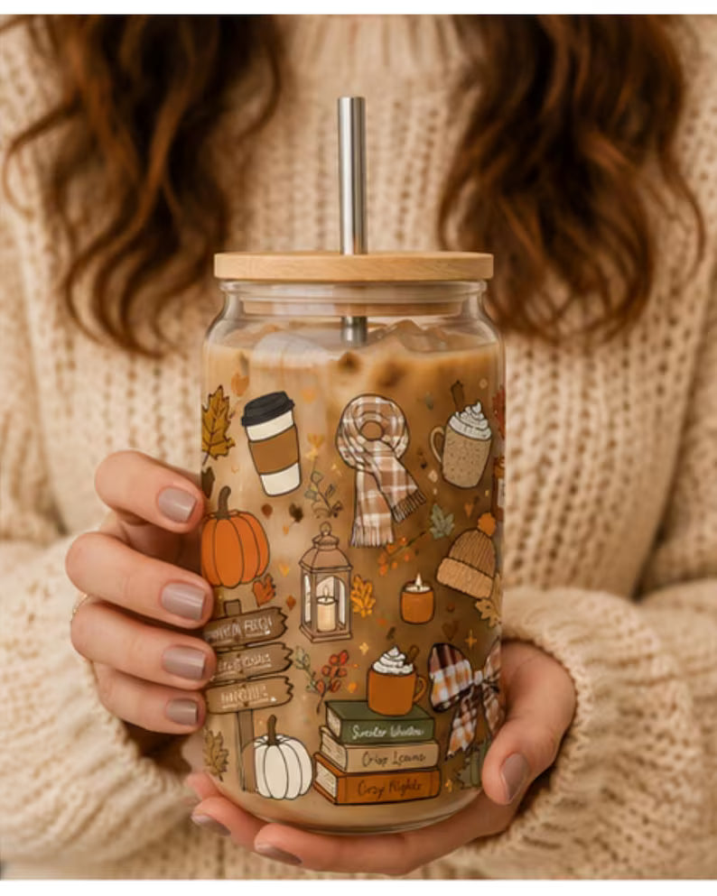Fall Glass Can Cup - 20oz Libbey Glass Autumn Coffee Cup & Pumpkin Spice Tumbler with Lid & Straw