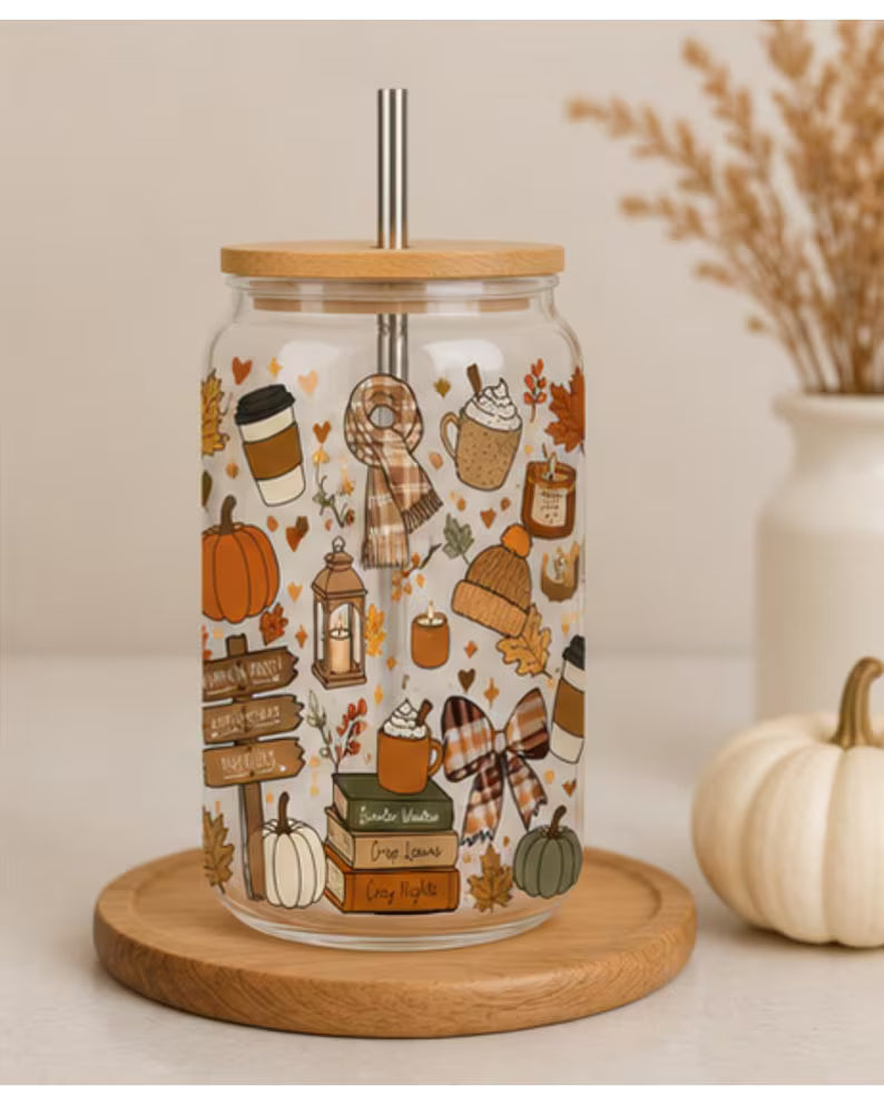Fall Glass Can Cup - 20oz Libbey Glass Autumn Coffee Cup & Pumpkin Spice Tumbler with Lid & Straw