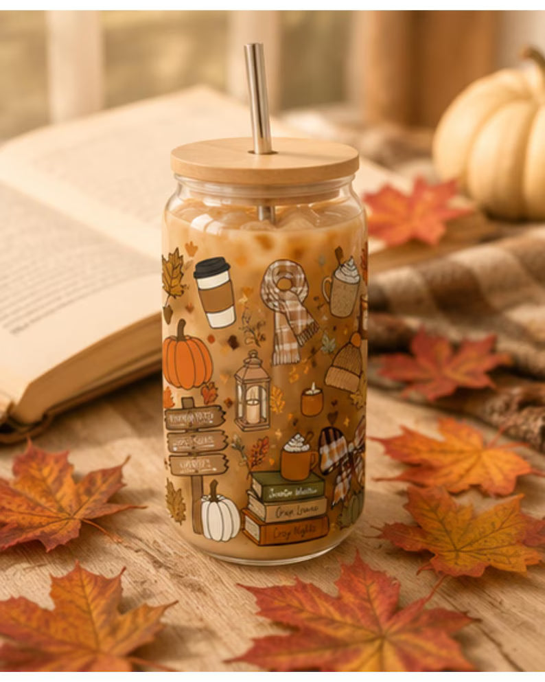 Fall Glass Can Cup - 20oz Libbey Glass Autumn Coffee Cup & Pumpkin Spice Tumbler with Lid & Straw