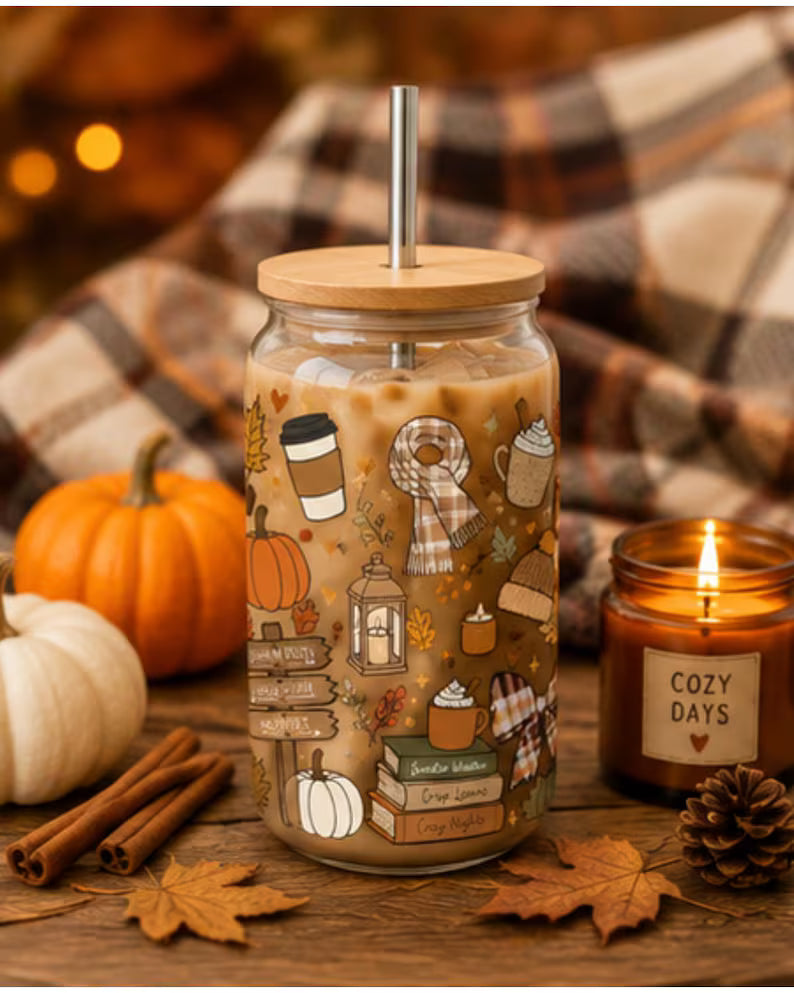 Fall Glass Can Cup - 20oz Libbey Glass Autumn Coffee Cup & Pumpkin Spice Tumbler with Lid & Straw